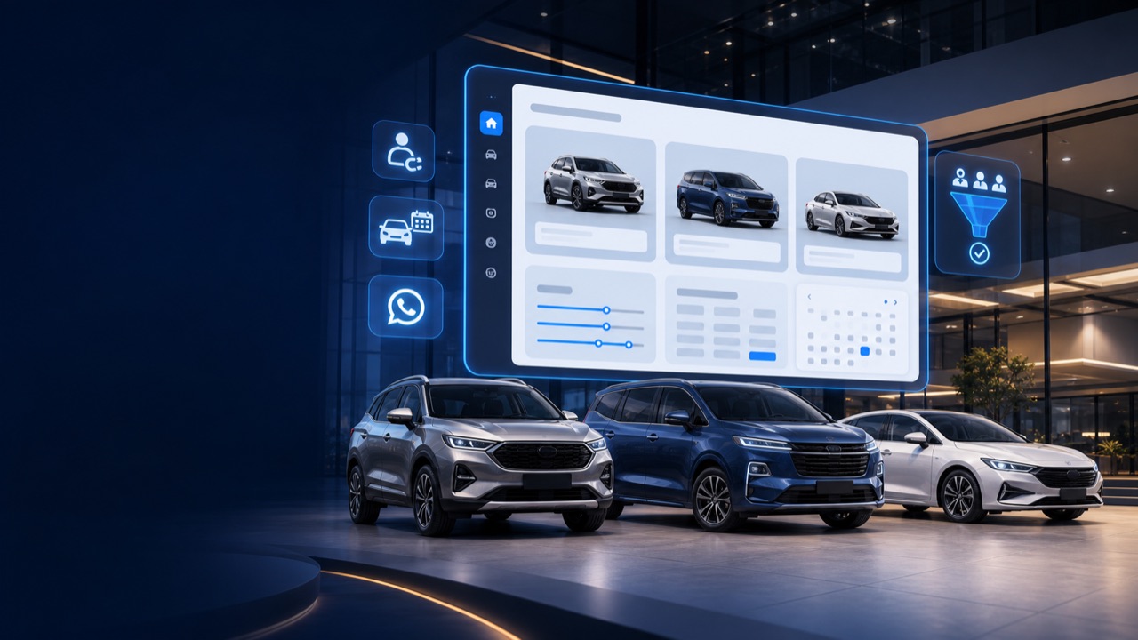 Ilustrasi website dealer mobil dengan katalog digital, simulasi kredit, dan booking test drive