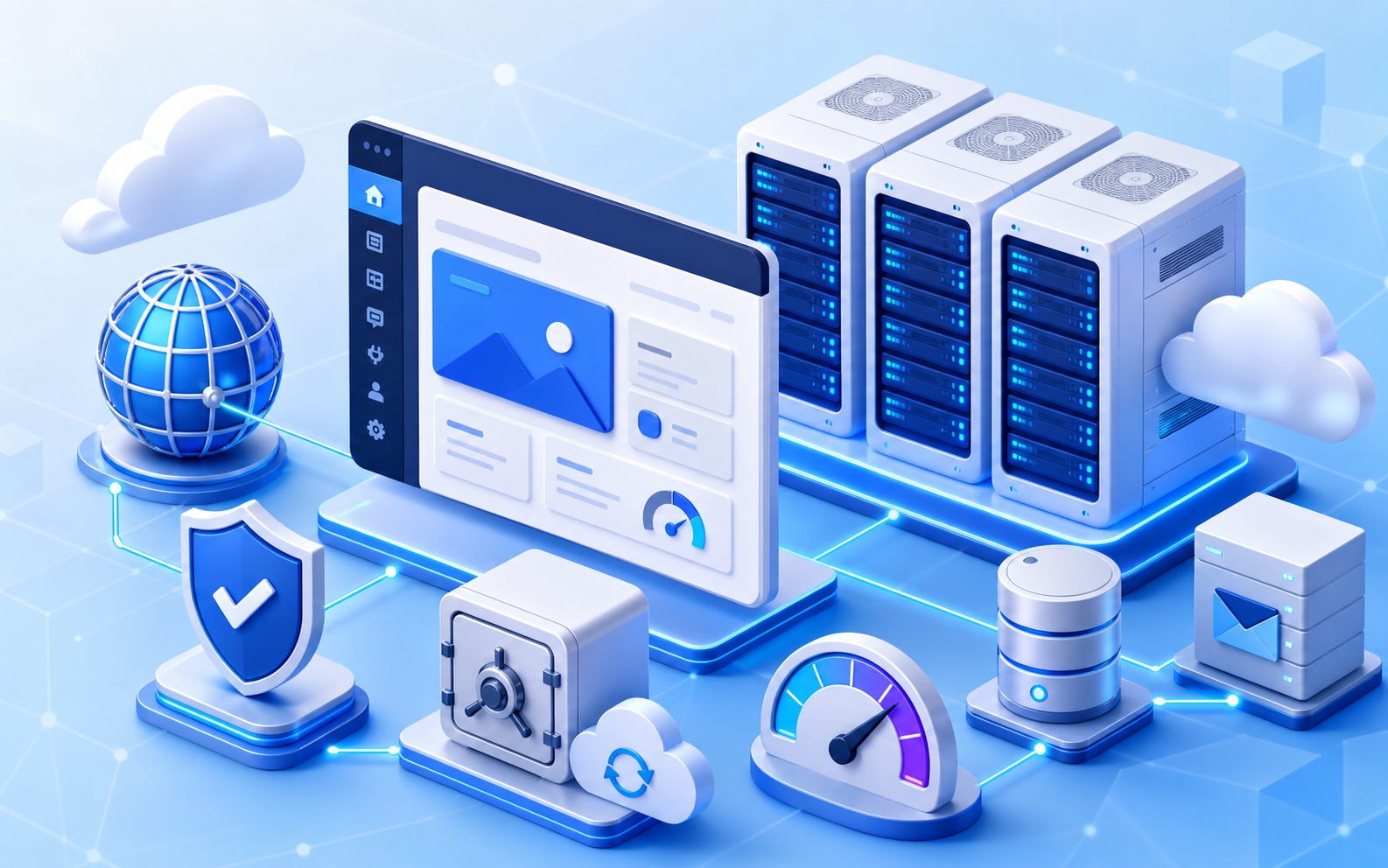 Ilustrasi server cloud untuk Hosting WordPress EZY dengan keamanan, backup, domain, database, email, dan performa