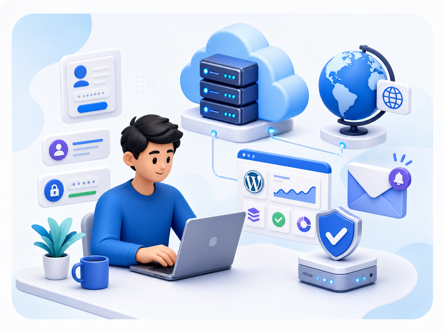 Ilustrasi klien mengelola website WordPress, domain, keamanan, dan hosting EZY