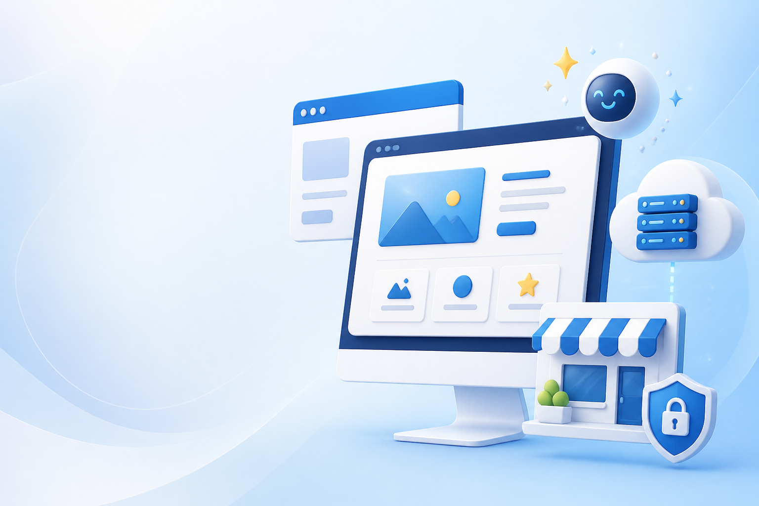 Ilustrasi website usaha, hosting cloud, keamanan dan bantuan AI